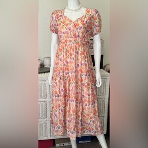 Love Olive Co Caribbean Tulip Print Midi Dress Oversized Orange Lavender Size S